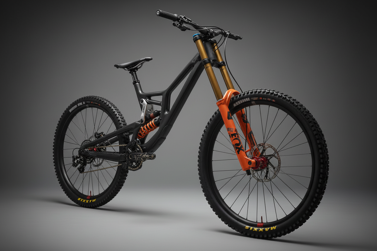 Bicicleta downhill negra con suspensión naranja